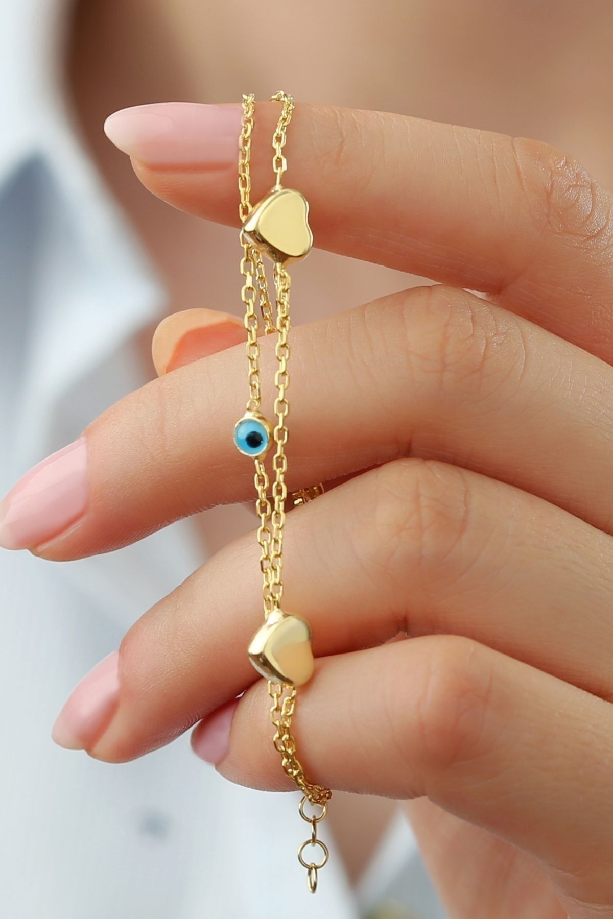 925 Ayar Gümüş Kalpli Nazarlı Çiftli Bileklik Gold - Tek Ebat
