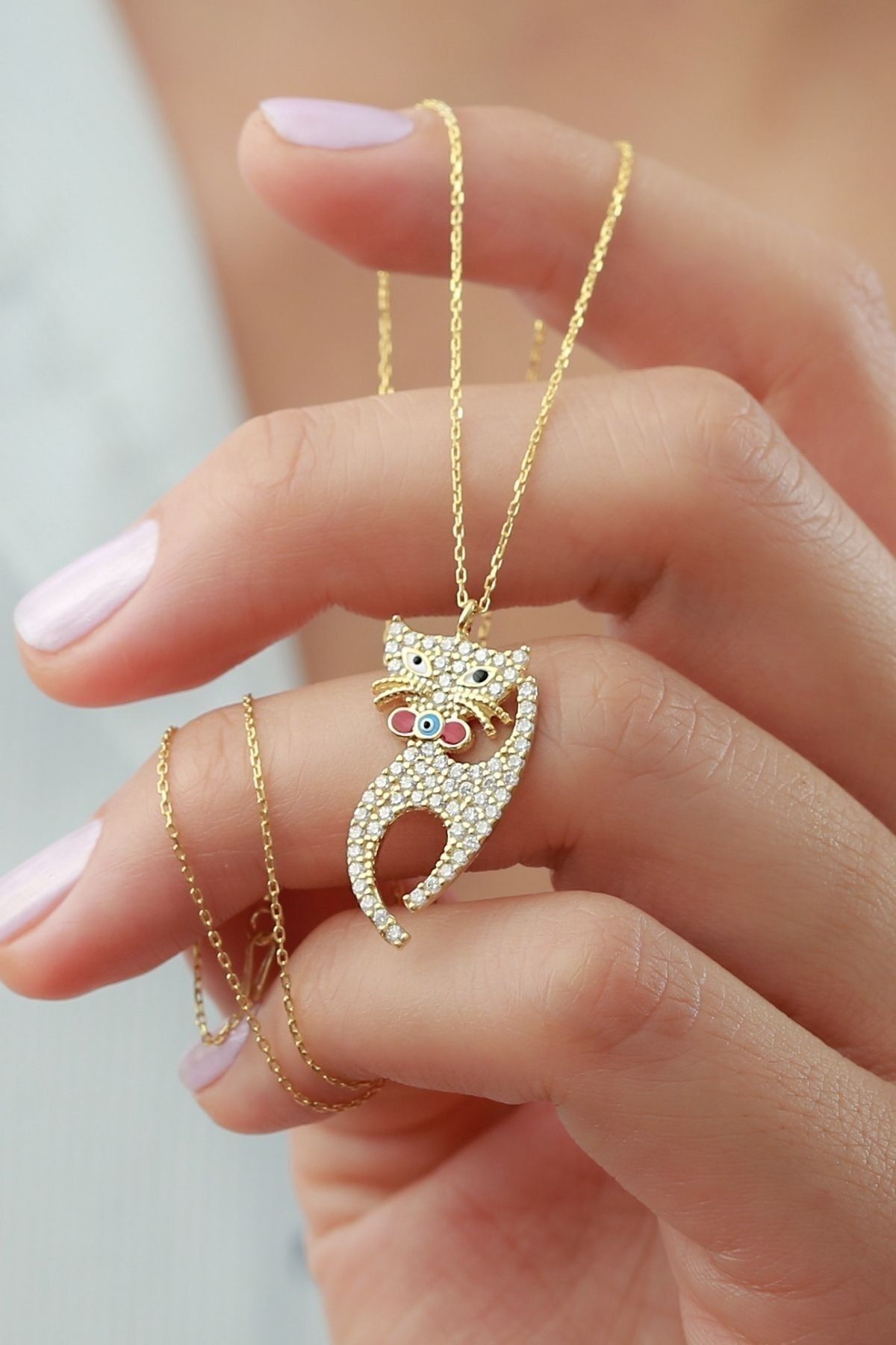 925 Ayar Gümüş Nazarlı Kedicik Kolye Gold - Tek Ebat