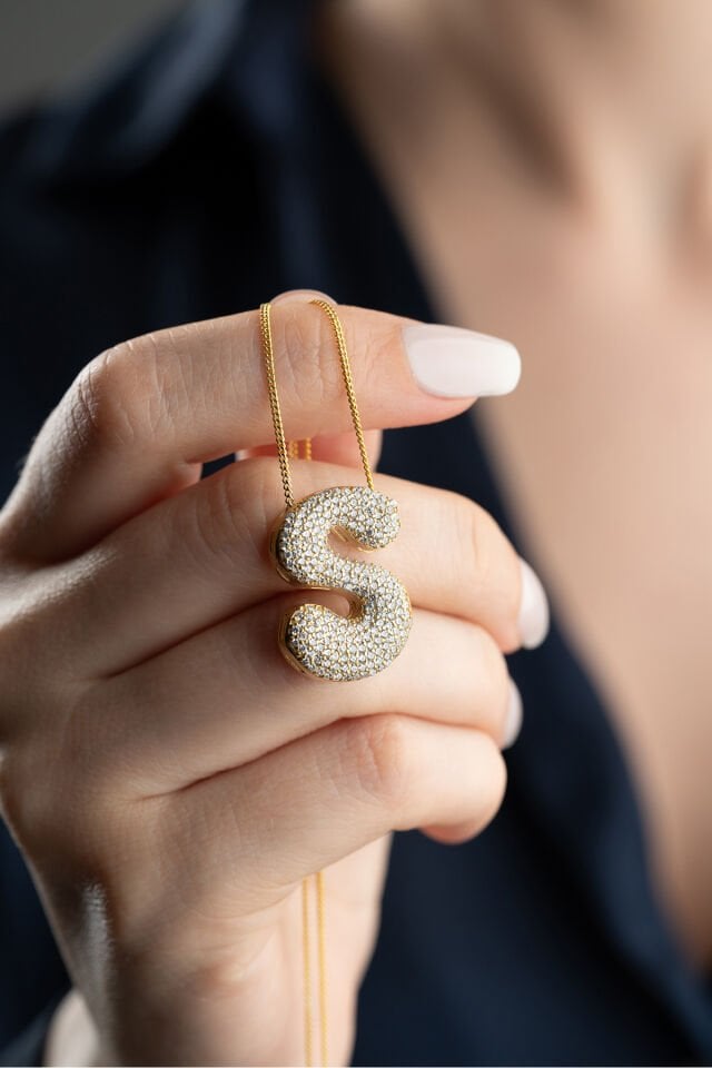 925 Ayar Gümüş Zirkon Taşlı Balon Harf Kolye