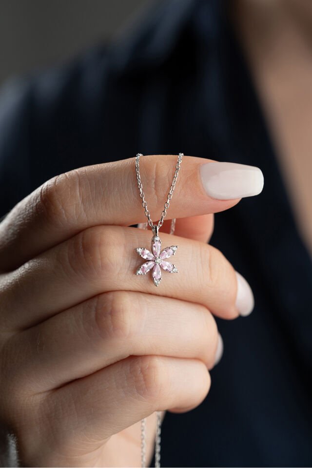 925 Ayar Gümüş Pembe Taşlı Lotus Kolye