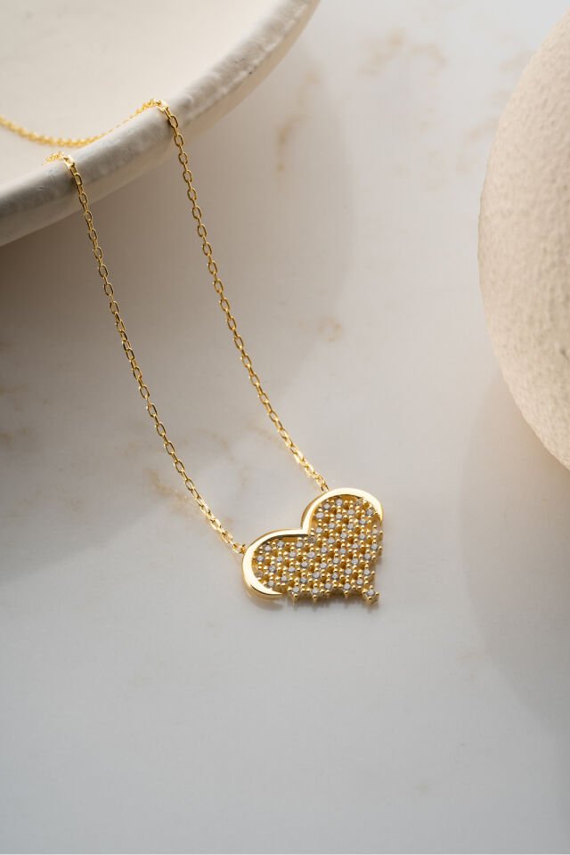 925 Ayar Gümüş Gold Zirkon Taşlı Kalp Kolye