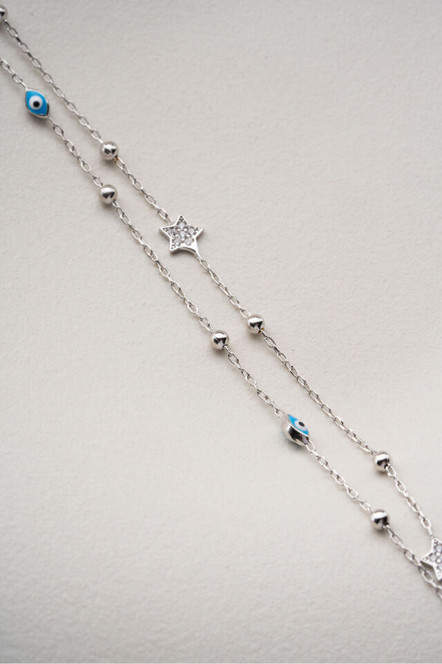 925 ayar gümüş çift zincirli yıldızlı nazar gözlü model bileklik detay Silvano Jewelry