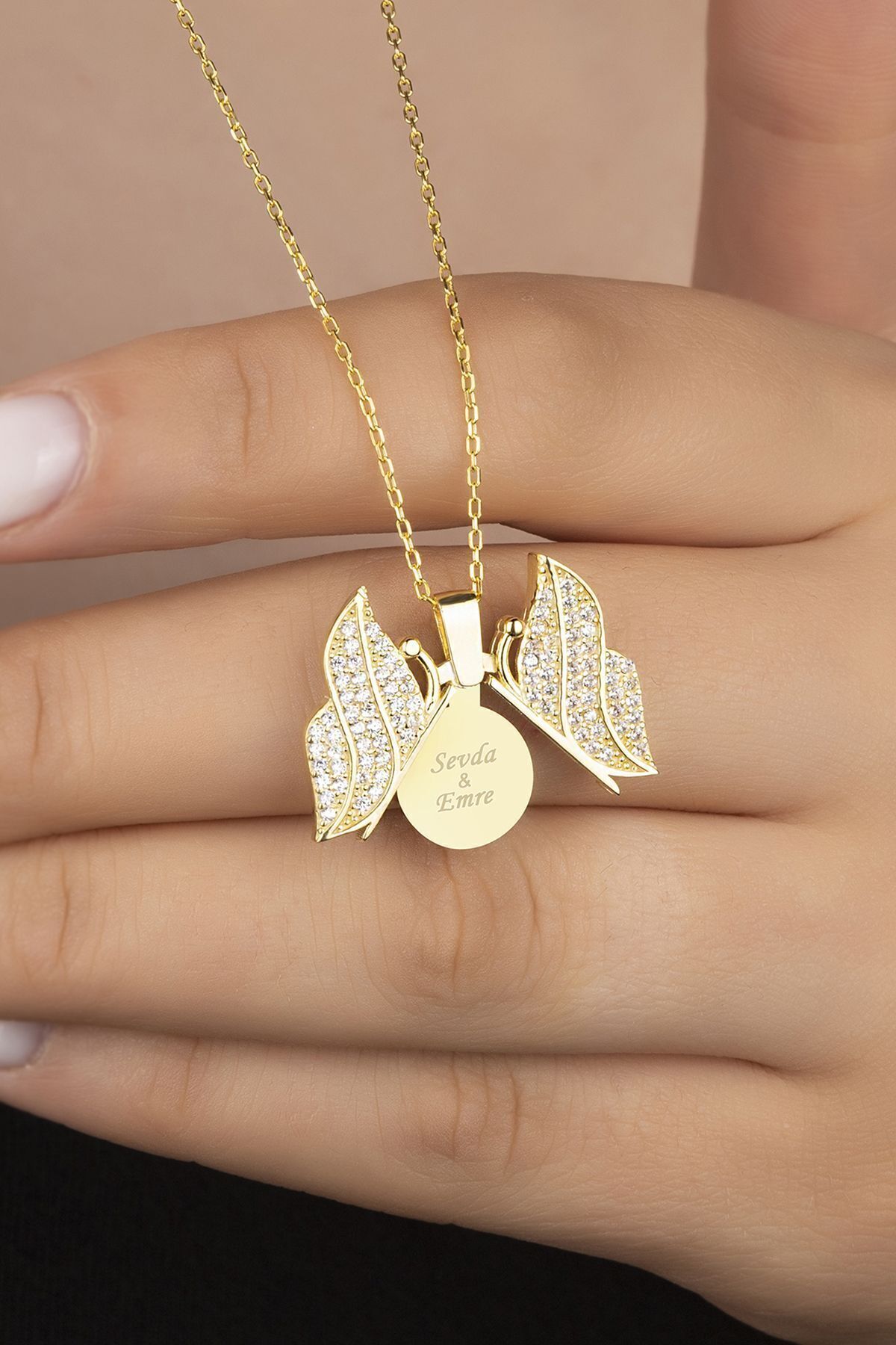 925 Ayar Gümüş Gold Açılabilen Isimli Kelebek Kolye Gold - Tek Ebat