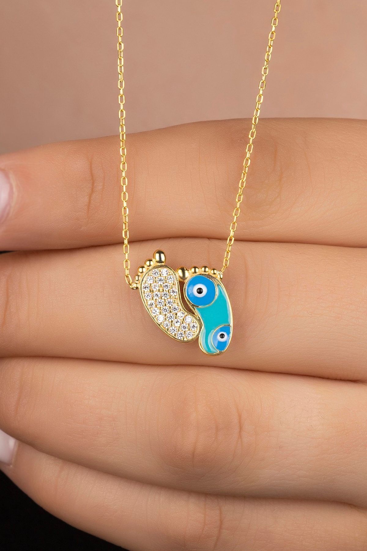 925 Ayar Gold Zirkon Taşli Nazarlı Ayak Gümüş Kolye Gold - Tek Ebat