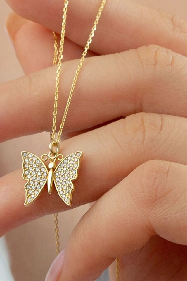 925 Ayar Gold Kelebek Gümüş Kolye Gold - Tek Ebat
