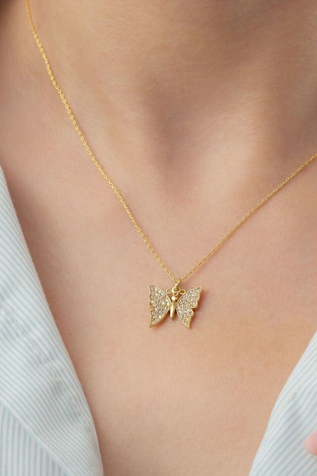 925 Ayar Gold Kelebek Gümüş Kolye Gold - Tek Ebat