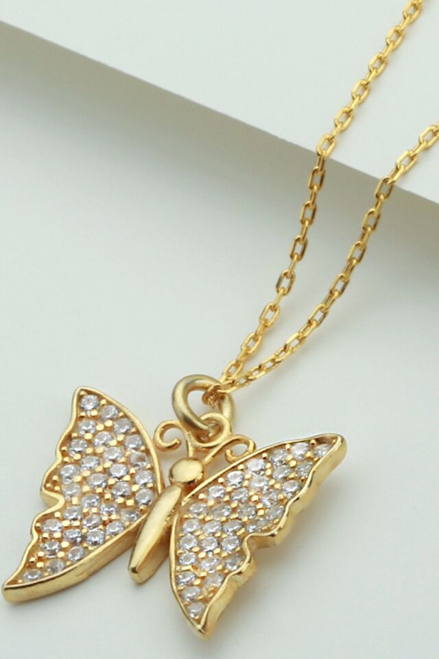 925 Ayar Gold Kelebek Gümüş Kolye Gold - Tek Ebat