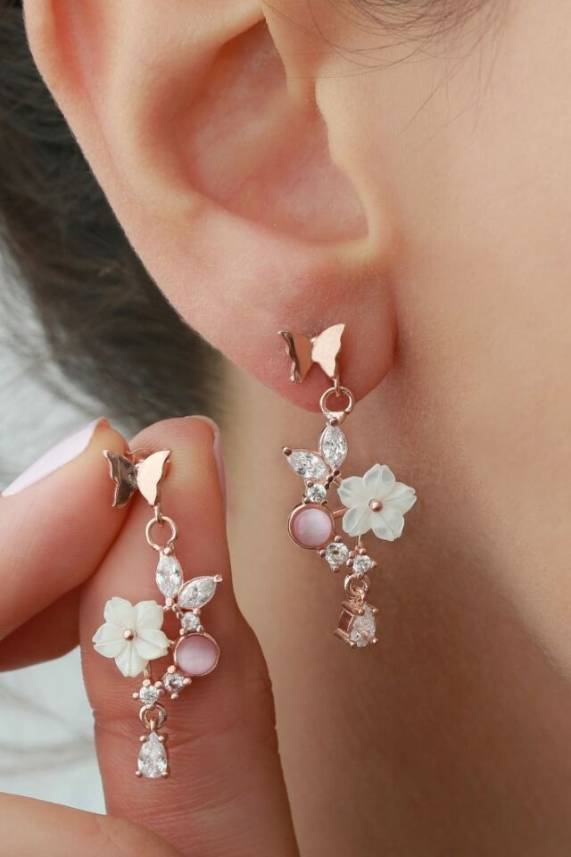 925 Ayar Gümüş Sedefli Güllü Küpe