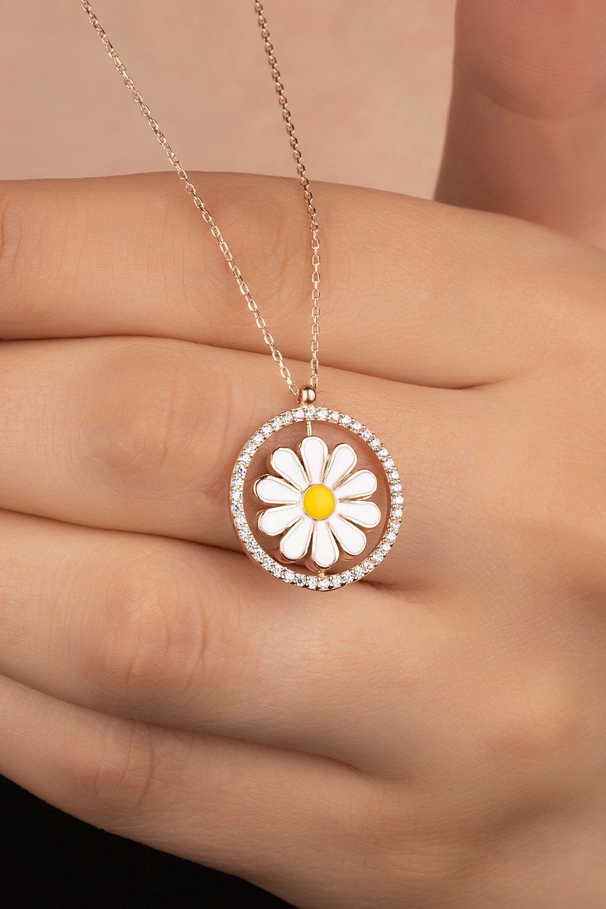 925 Ayar Rose Zirkon Taşlı Mineli Papatya Gümüş Kolye Rose - Tek Ebat