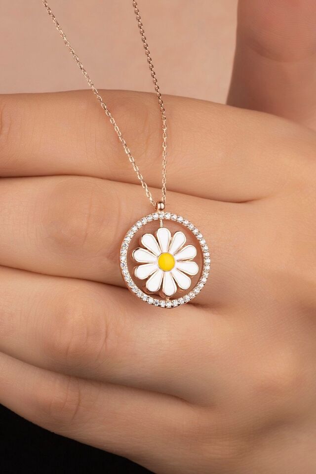 925 Ayar Rose Zirkon Taşlı Mineli Papatya Gümüş Kolye Rose - Tek Ebat