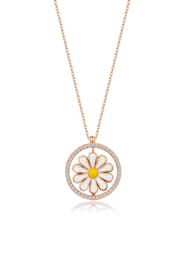925 Ayar Rose Zirkon Taşlı Mineli Papatya Gümüş Kolye Rose - Tek Ebat