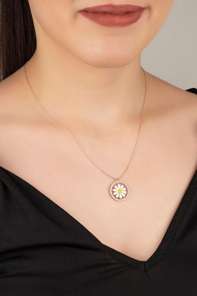 925 Ayar Rose Zirkon Taşlı Mineli Papatya Gümüş Kolye Rose - Tek Ebat