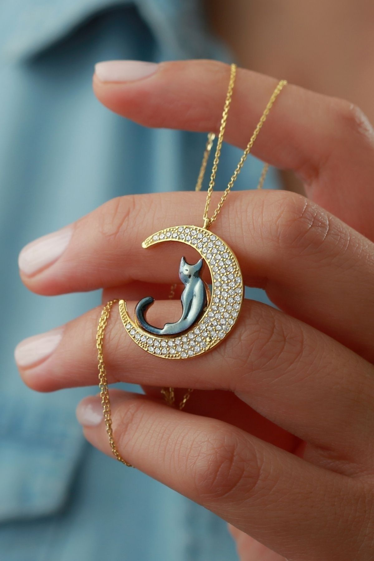 925 Ayar Gold Zirkon Taşlı Kedicik Ay Gümüş Kolye Gold - Tek Ebat