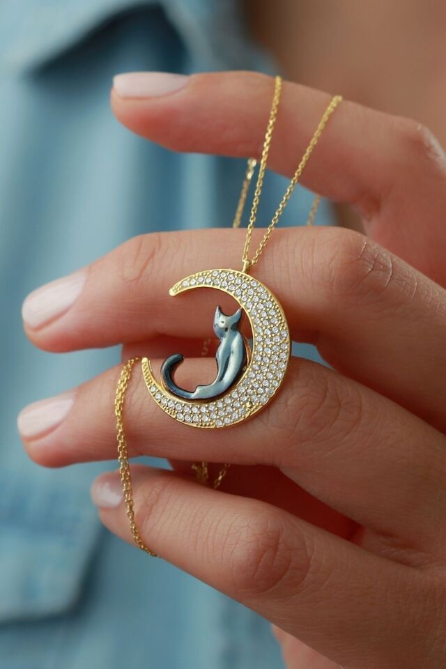 925 Ayar Gold Zirkon Taşlı Kedicik Ay Gümüş Kolye Gold - Tek Ebat