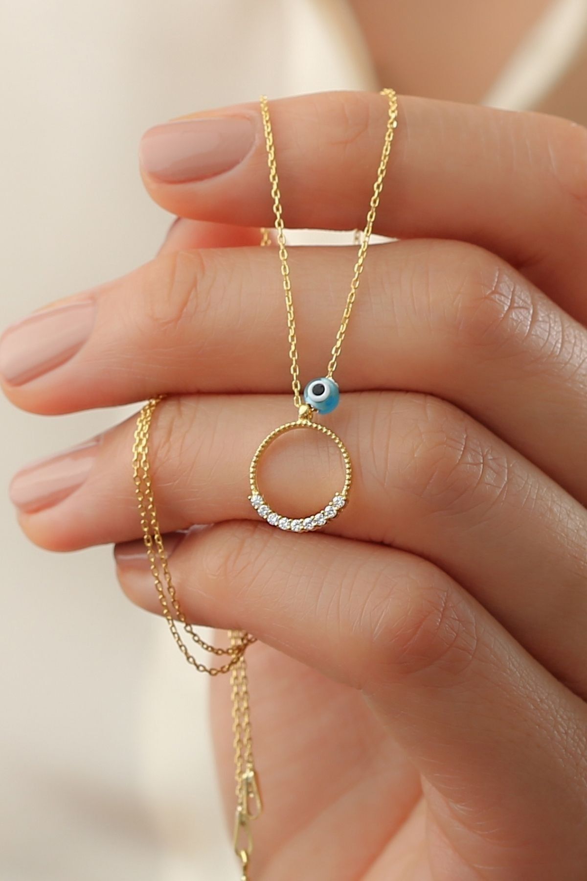 925 Ayar Gold Zirkon Taşlı Nazarlı Halka Gümüş Kolye Gold - Tek Ebat