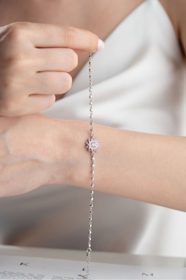 925 Ayar Gümüş Pembe Taşlı Lotus Çiçeği Suyolu Bileklik