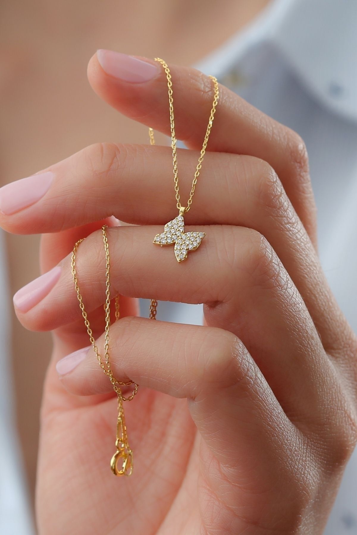 925 Ayar Gold Zirkon Taşlı Kelebek Gümüş Kolye Gold - Tek Ebat