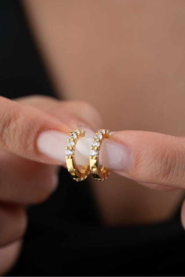 925 Ayar Gümüş Gold Kaplama Zirkon Taşlı Küpe