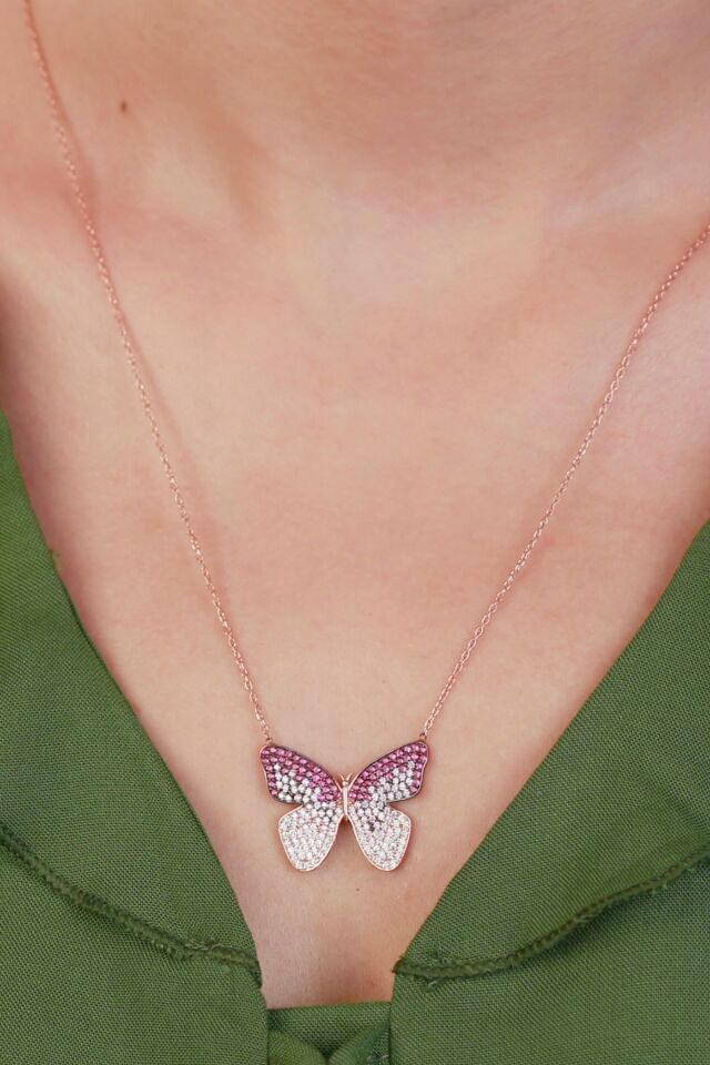 925 Ayar Gümüş Rose Pembe Taşlı Kelebek Kolye