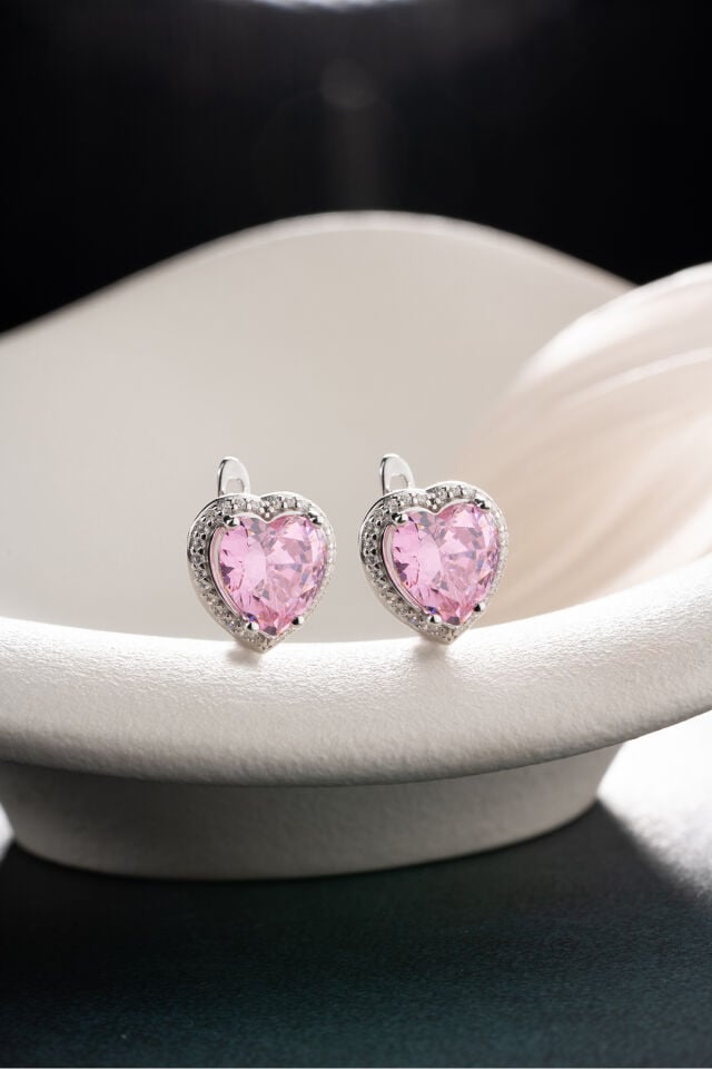 925 Ayar Gümüş Pembe Kalp Işıltısı Küpe