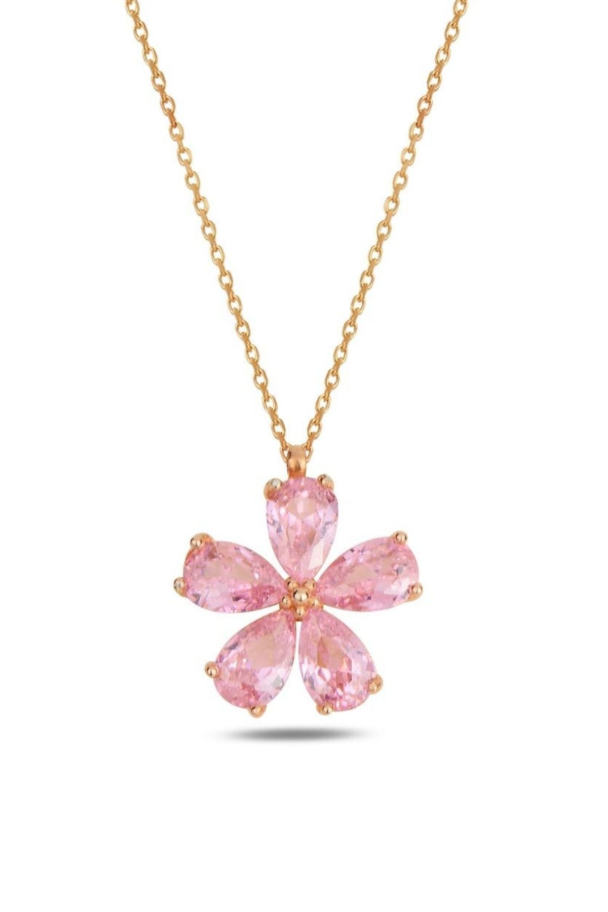 925 Ayar Gold Zirkon Pembe Taşlı Yasemin Çiçeği Gümüş Kolye Gold - Tek Ebat