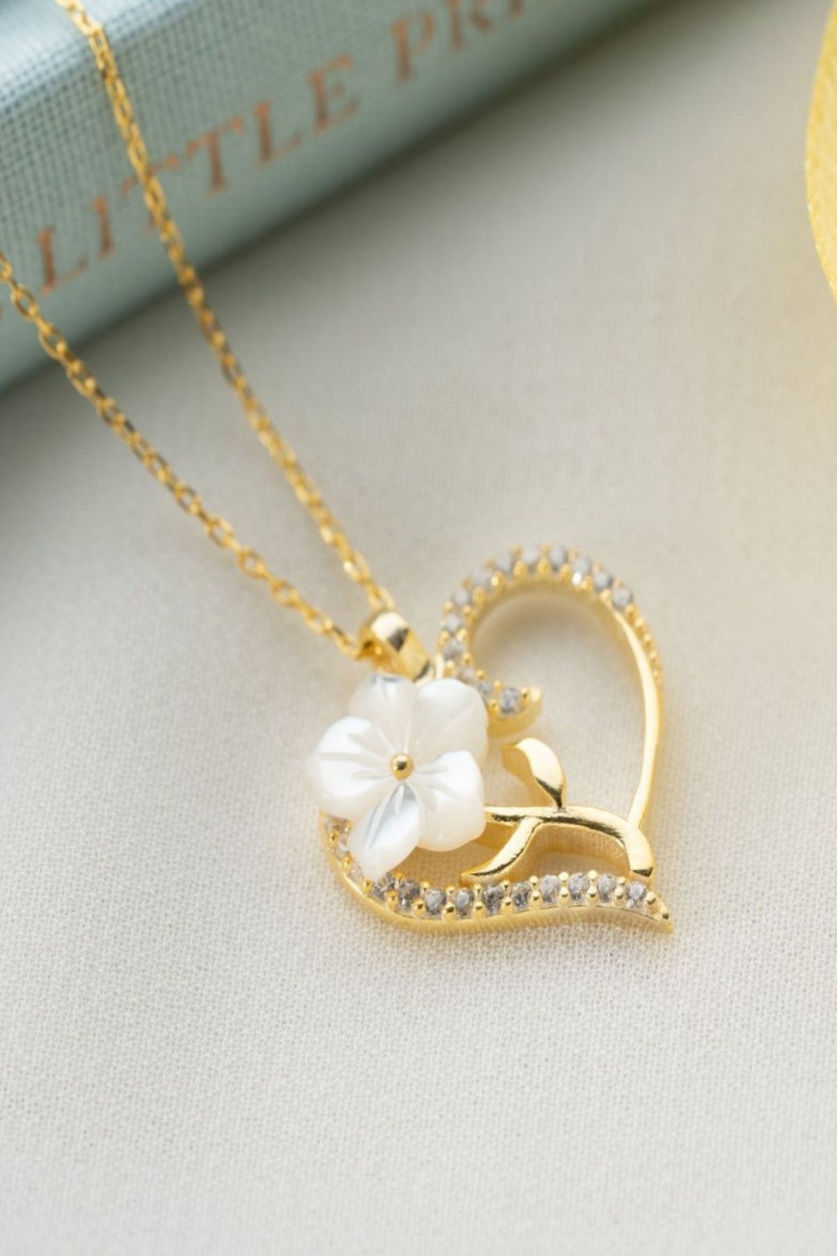 925 Ayar Gold Zirkon Taşlı Sedefli Kalp Gümüş Kolye Gold - Tek Ebat