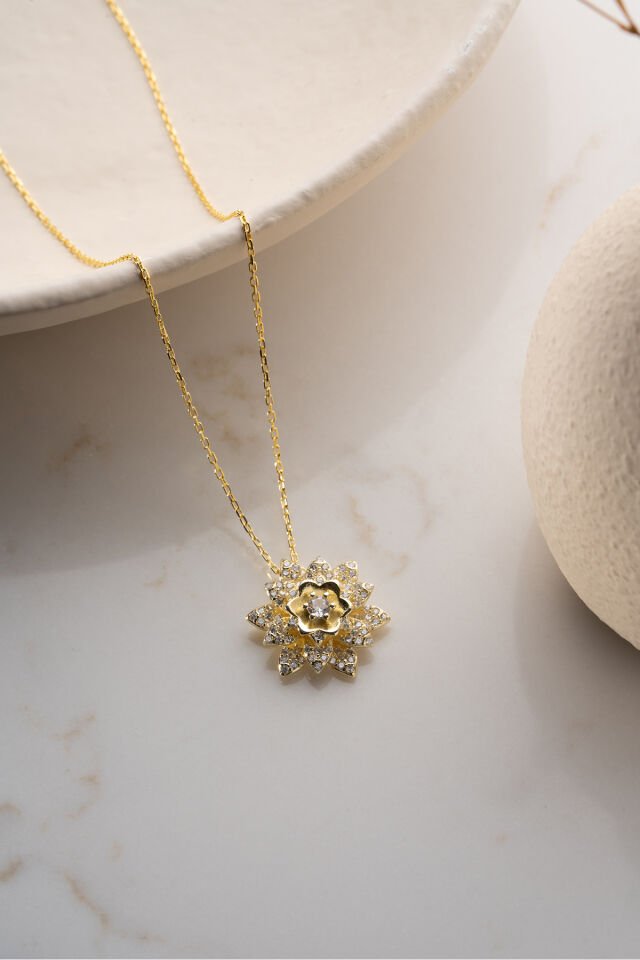 925 Ayar Gümüş Işıklı Kutuda Lotus Kolye Gri - Tek Ebat