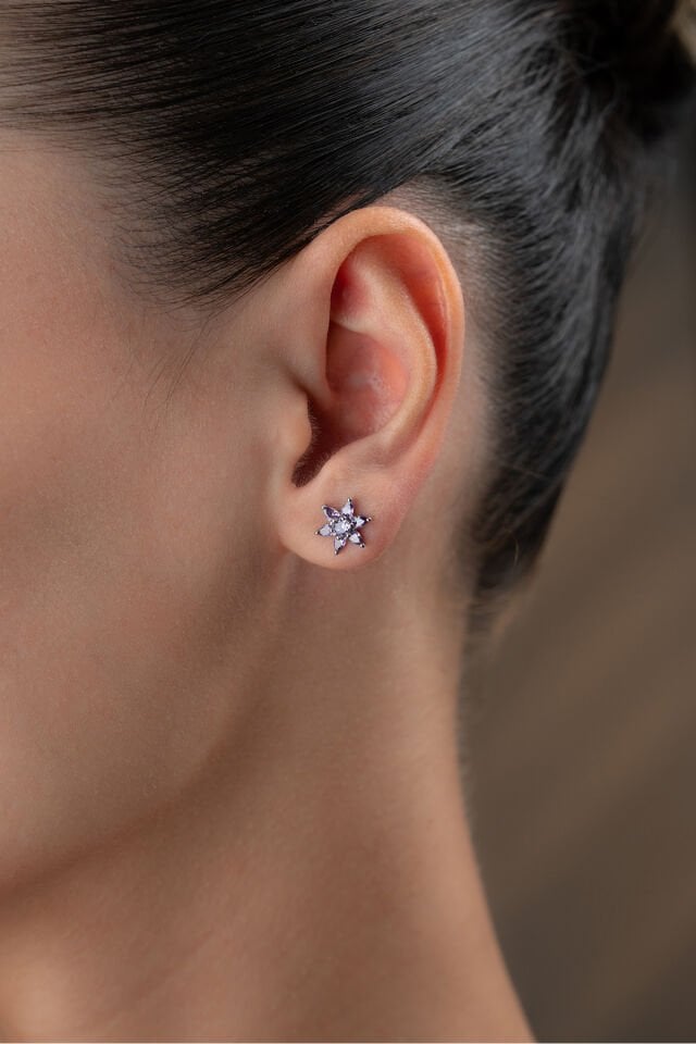 925 Ayar Gümüş Mor Taşlı Lotus Küpe Silver