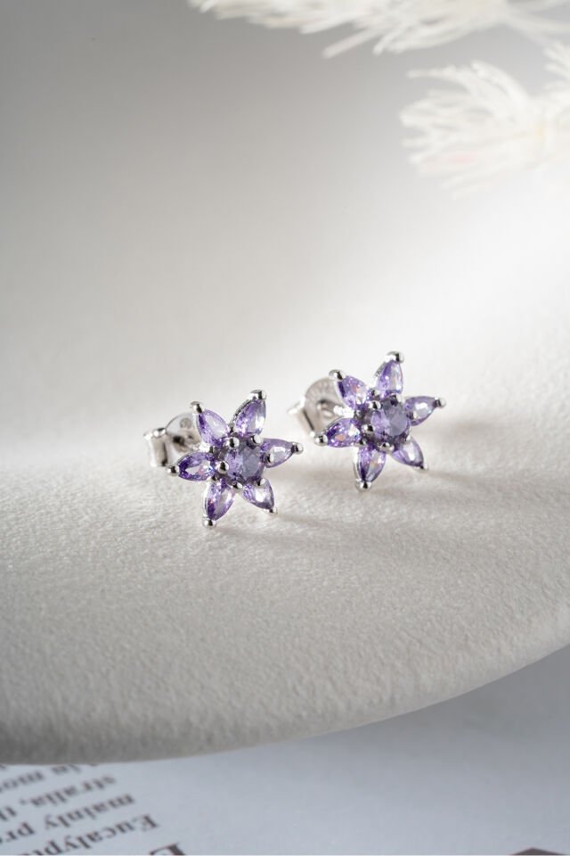 925 Ayar Gümüş Mor Taşlı Lotus Küpe Silver