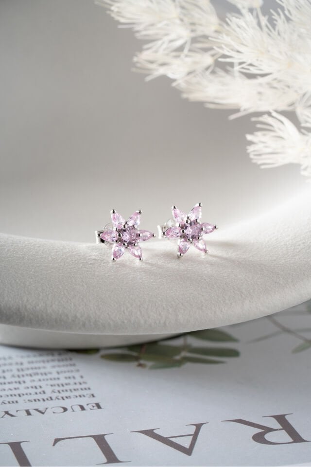 925 Ayar Gümüş Pembe Taşlı Lotus Küpe Silver