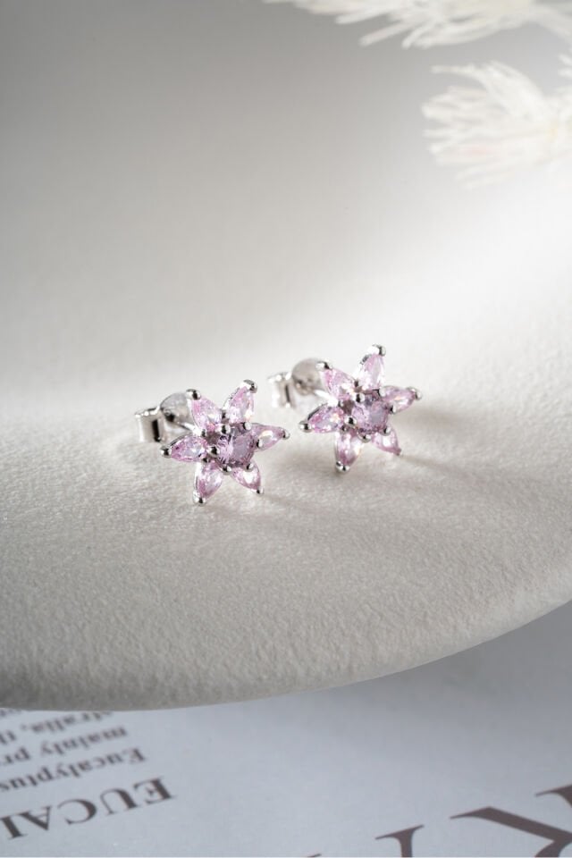 925 Ayar Gümüş Pembe Taşlı Lotus Küpe Silver