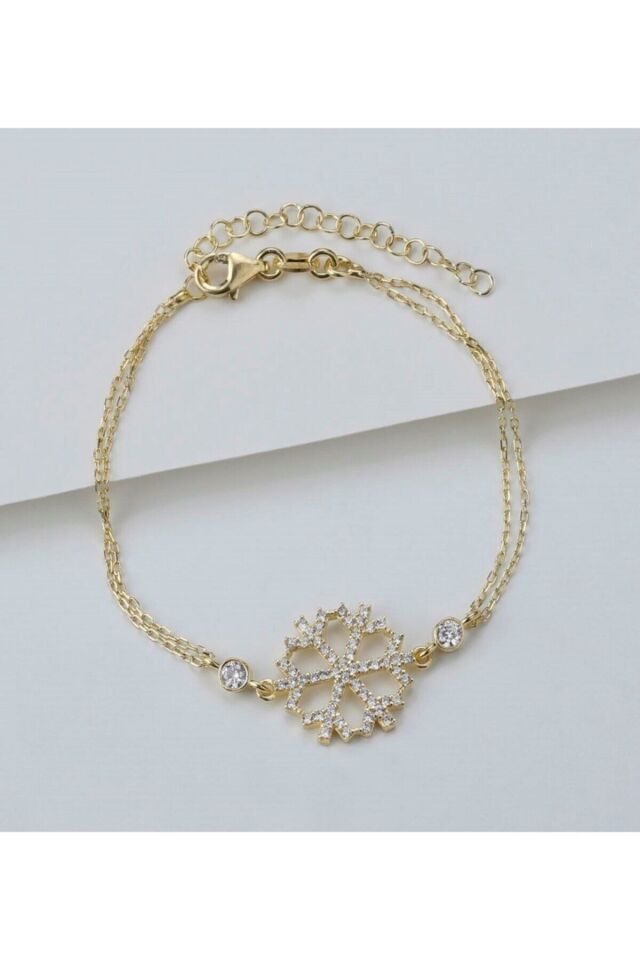 925 Ayar Gold Zirkon Taşlı Kar Tanesi Gümüş Bileklik Gold - Tek Ebat