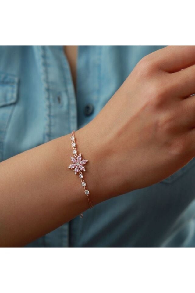 925 Ayar Rose Mor Taşlı Lotus Gümüş Bileklik Rose - Tek Ebat