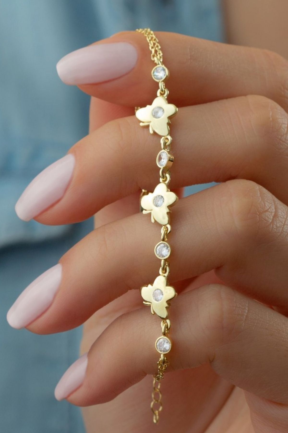 925 Ayar Gold 3'lü Kelebek Zirkon Taşlı Gümüş Bileklik Gold - Tek Ebat