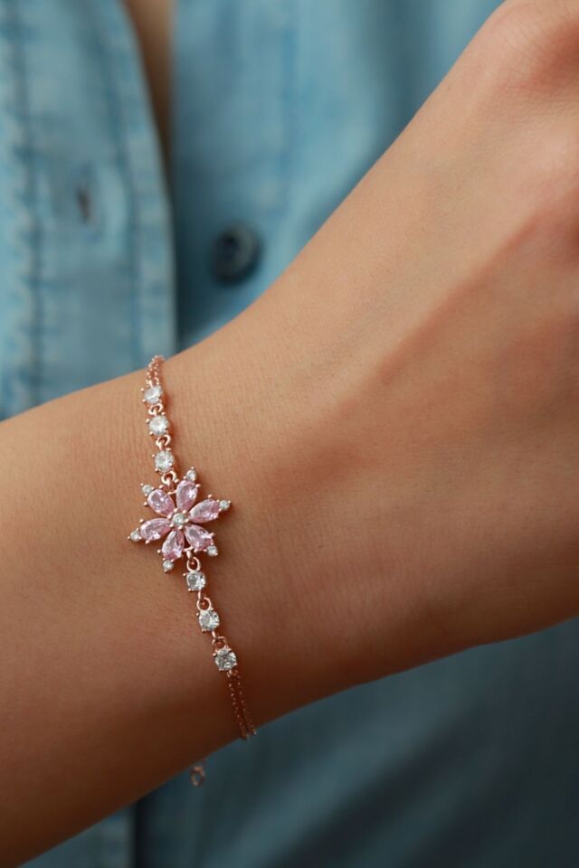 925 Ayar Rose Pembe Taşlı Lotus Gümüş Bileklik Rose - Tek Ebat