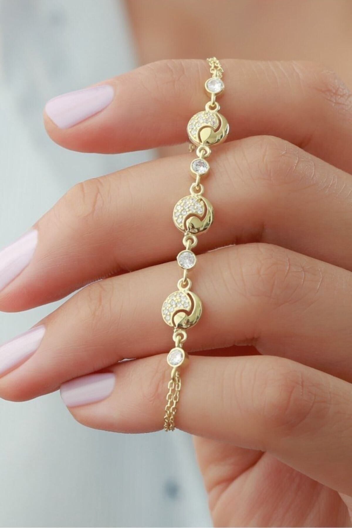 925 Ayar Gold Yuvarlak Zirkon Taşlı Gümüş Bileklik Gold - Tek Ebat