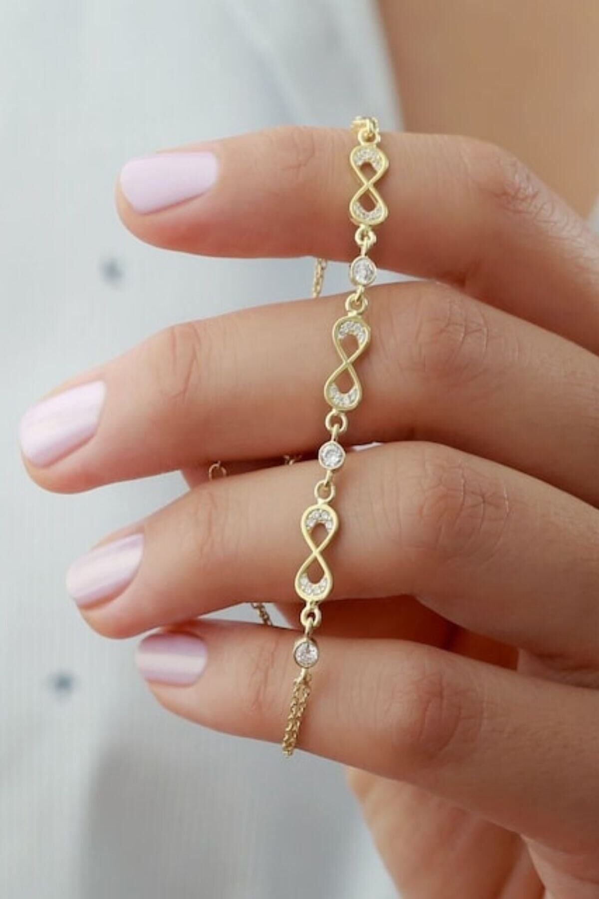 925 Ayar Gold 3'lü Sonsuzluk Zirkon Taşlı Gümüş Bileklik Gold - Tek Ebat