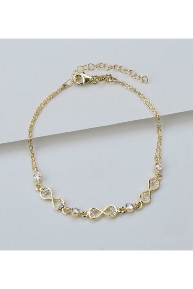 925 Ayar Gold 3'lü Sonsuzluk Zirkon Taşlı Gümüş Bileklik Gold - Tek Ebat