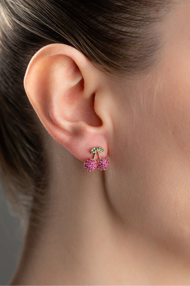 925 Ayar Gümüş Taşlı Kiraz Çocuk Küpe Gri