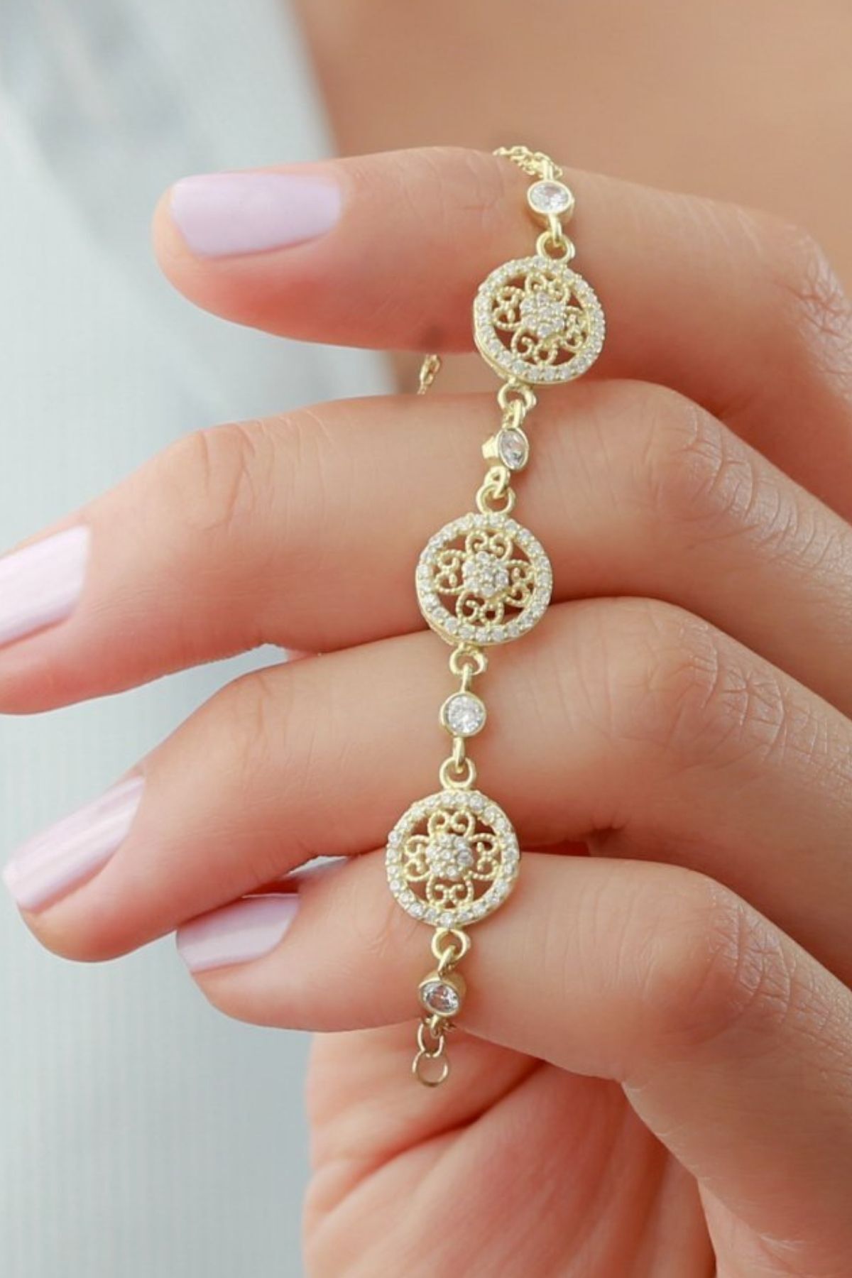 925 Ayar Gold Çiçek Gümüş Bileklik Gold - Tek Ebat