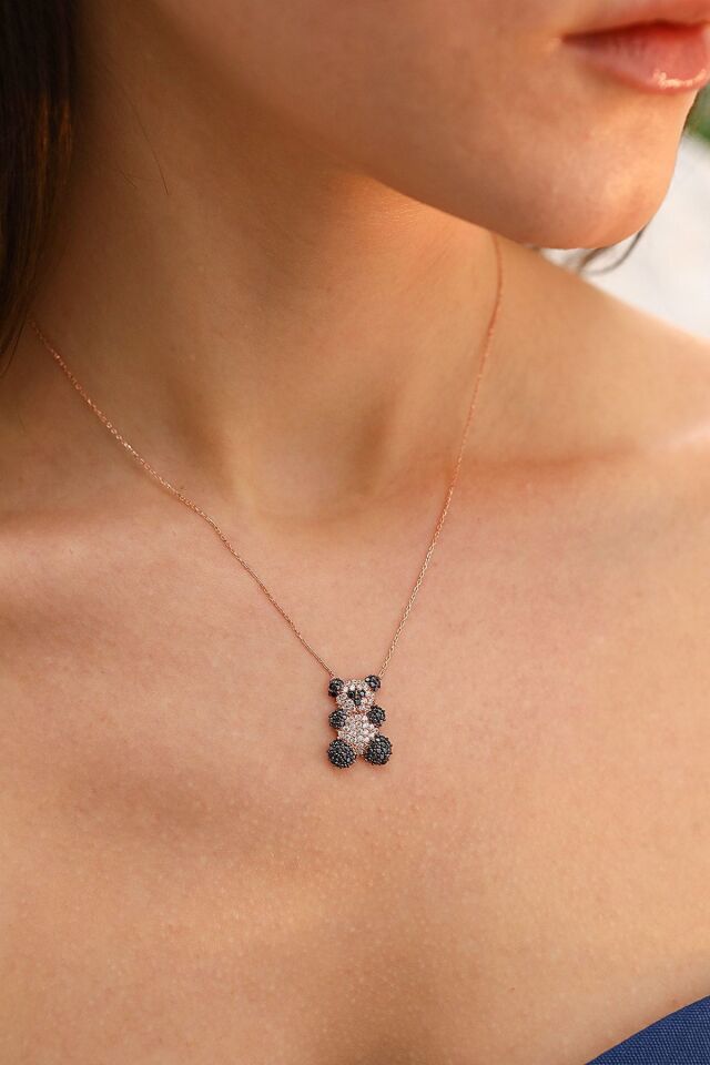 925 Ayar Rose Siyah Beyaz Taşlı Panda Gümüş Kolye Rose - Tek Ebat