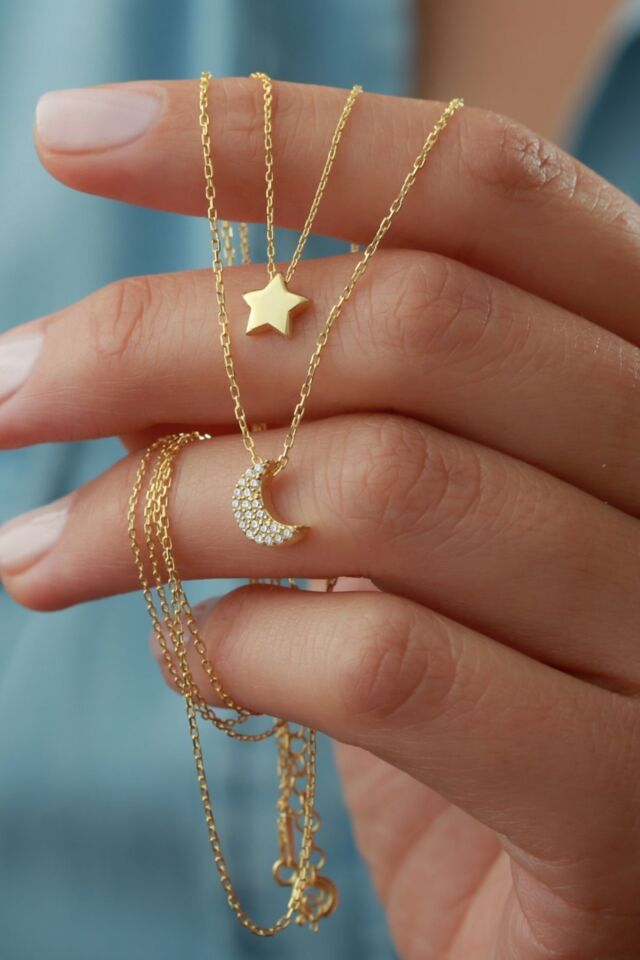 925 Ayar Gümüş Ay Yıldız Çiftli Kolye