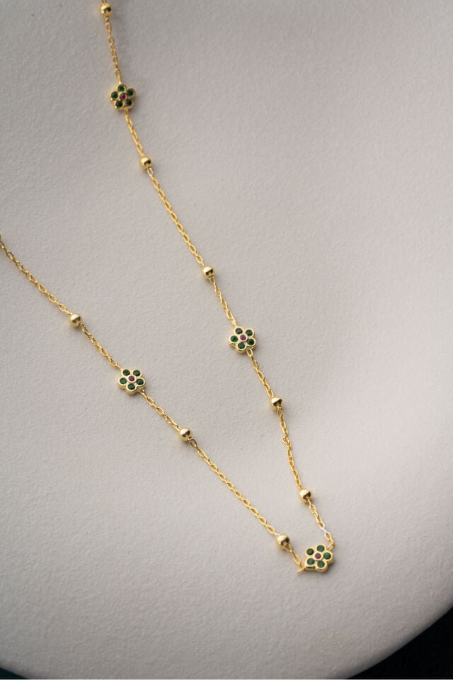 925 Ayar Gümüş Yeşil Taşlı Çiçek Şans Kolye