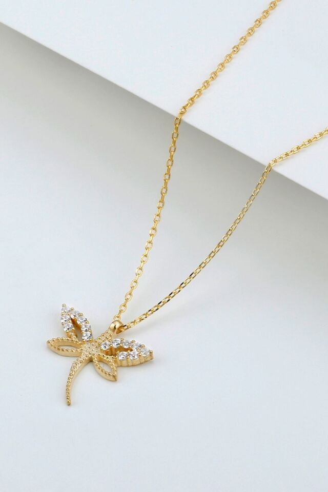 925 Ayar Gümüş Gold Zirkon Taşlı Minimal Yusufçuk Kolye Gold - Tek Ebat