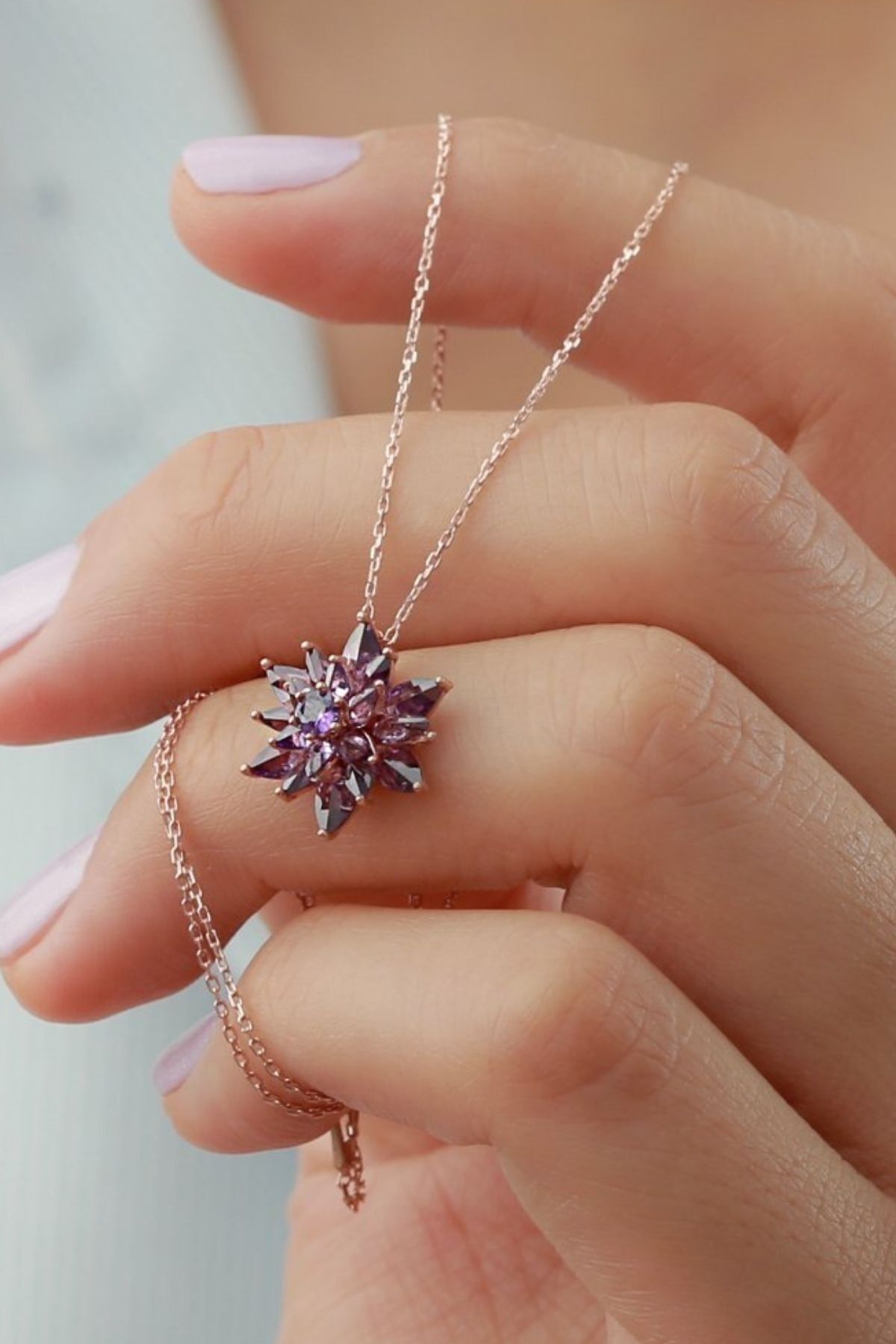 925 Ayar Gümüş 4 Katman Mor Lotus Çiçeği Kolye Rose - Tek Ebat