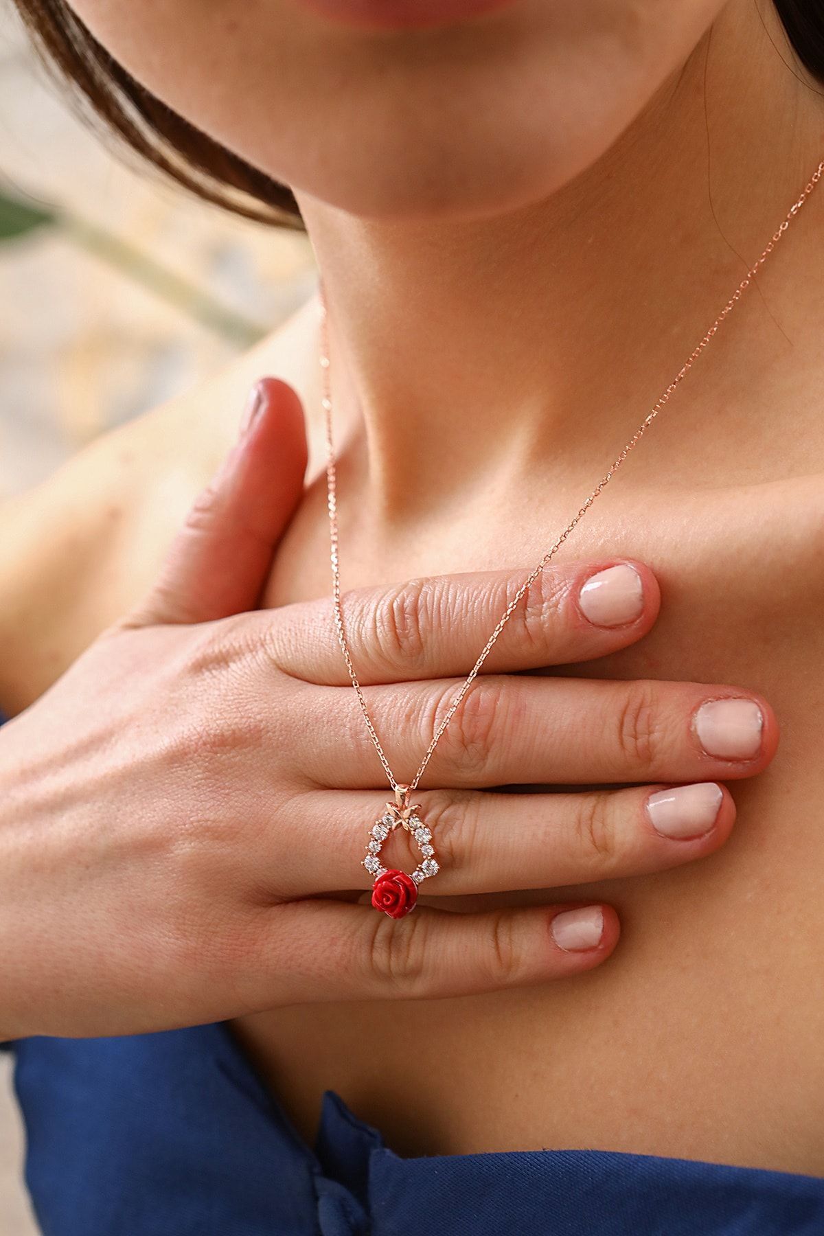 925 Ayar Zirkon Taşlı Damla Gül Rose Gümüş Kolye Rose - Tek Ebat