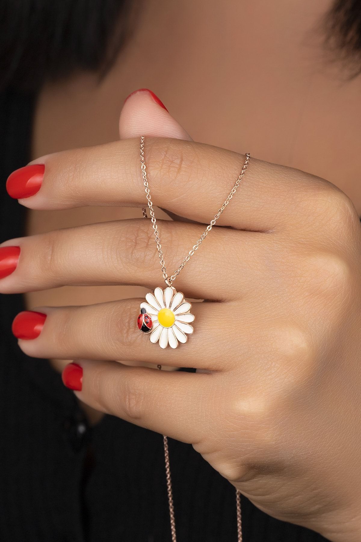 925 Ayar Gümüş Rose Uğur Böceği Papatya Kolye Rose - Tek Ebat