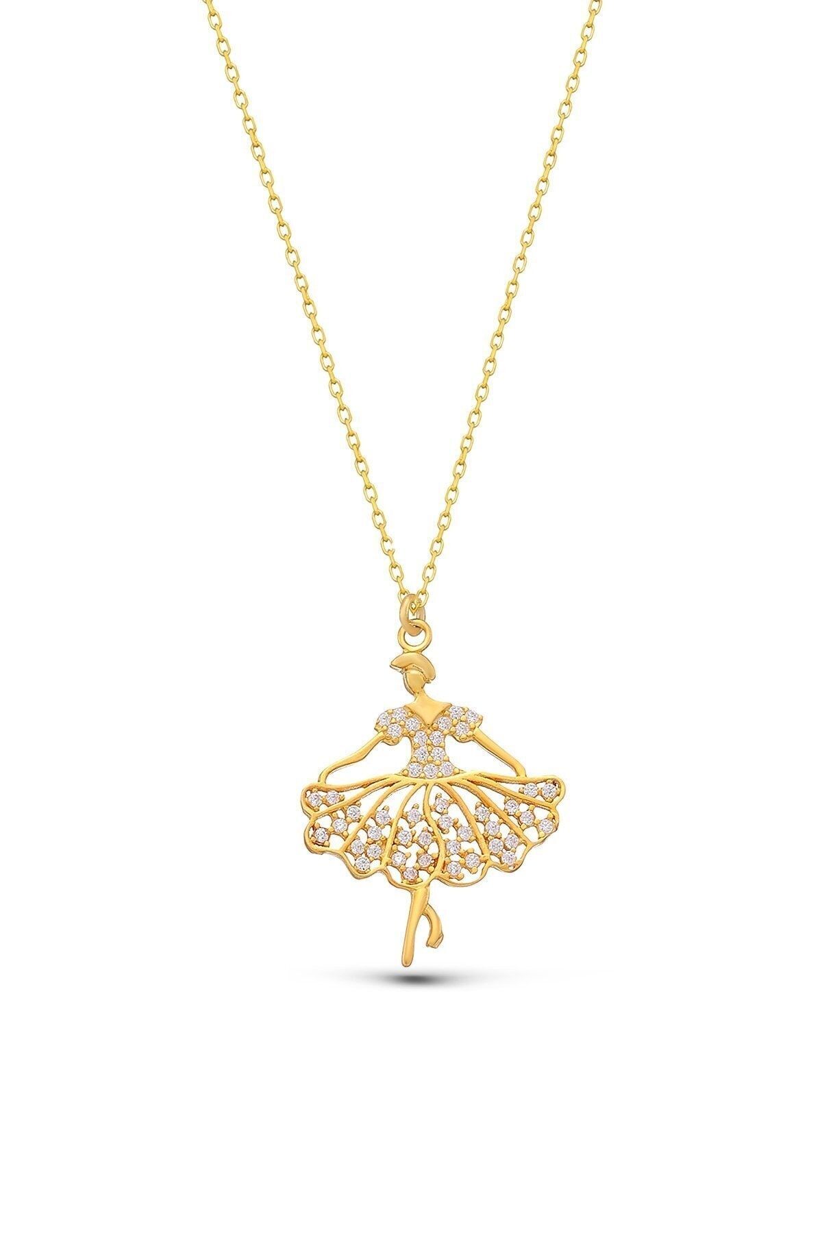 925 Ayar Balerin Zirkon Taşlı Gold Gümüş Kolye Gold - Tek Ebat