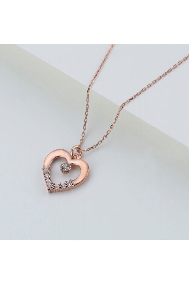 925 Ayar Kalpli Tektaş Gold Gümüş Kolye Rose - Tek Ebat