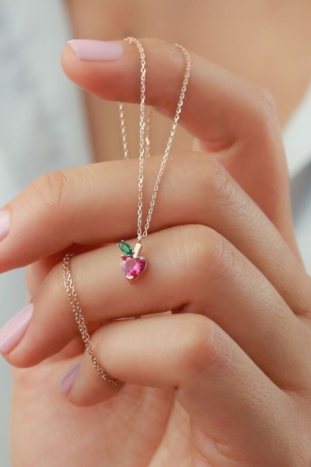 925 Ayar Pembe Elma Rose Gümüş Kolye Rose - Tek Ebat